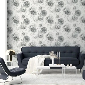Grey Glitter Floral Wallpaper Butterflies Bees White Vinyl Arthouse Feature Wall - Picture 1 of 7
