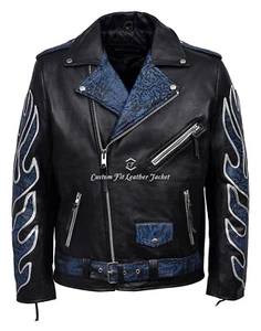 Classic BRANDO Black Blue Flame Men's Biker Hide Real Leather Jacket MBF - Picture 1 of 4