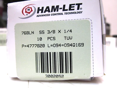 HAM-LET 768LN 3/8 x 1/4 TUBE FITTING 316 SS FREE SHIPPING BOX OF 10 - Image 1 of 4