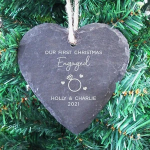 Personalised Our First Christmas Engaged Heart Hanging Decoration Xmas Bauble - Picture 1 of 20