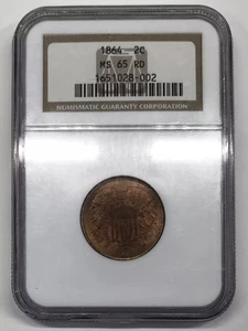1864 Large Motto Two-Cent Piece NGC MS-65 RD - Picture 1 of 5