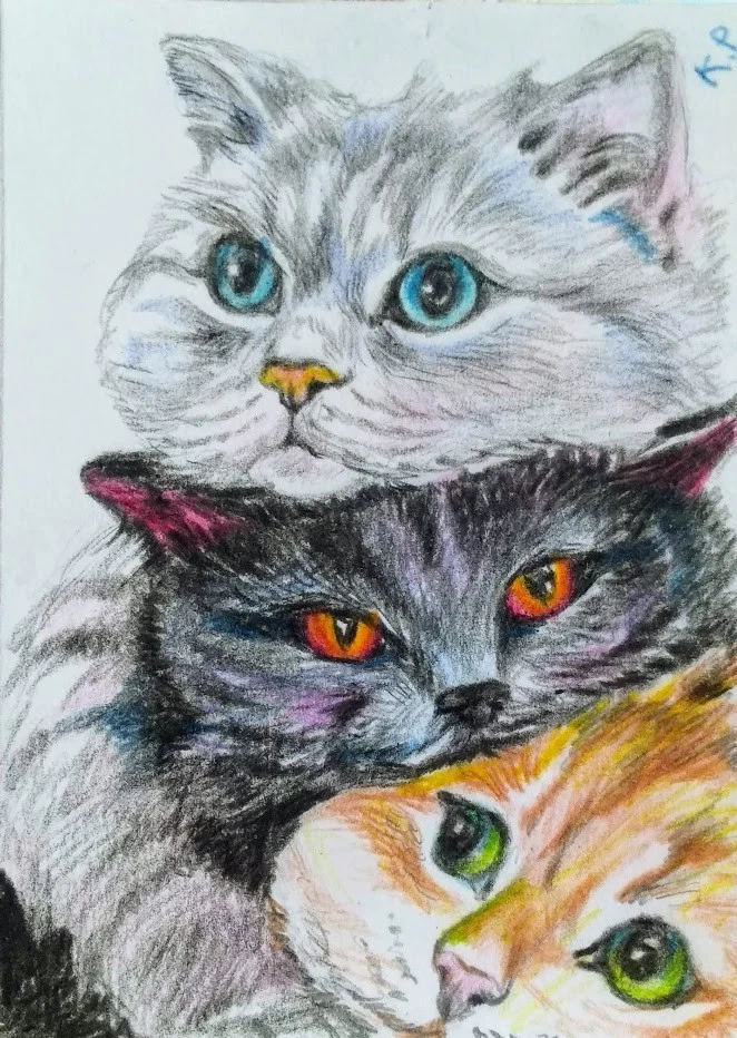 ACEO cat watercolor pencil by the author original 3,5"х2,5" 9x6cm not print - Image 1 of 1