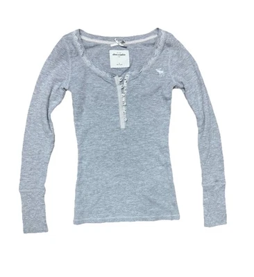 Y2K Abercrombie & Fitch Kids Grey Thermal Henley Rhinestone Lace Girls' Small - Image 1 of 4