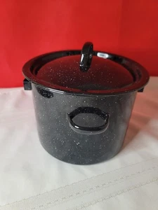 Vintage Enamelware Black Speckled Small Stock Pot Camping Farmhouse 6"T x 8"D - Picture 1 of 6