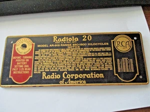 vintage RCA 8" x 3" metal Radiola 20 Radio Corp of America cabinet  sign - Picture 1 of 10
