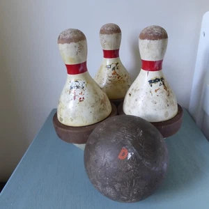 3 VTG Wagner & Adler Rubber Band Duckpin Bowling Pins W/ Bowling Ball C1925 - Picture 1 of 9
