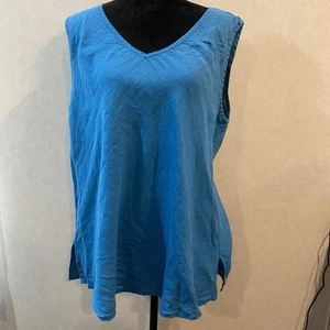 FLAX Linen Jasmine Sleeveless Tank Large Blue Lagenlook Boxy Minimalist Shirt - Picture 1 of 7