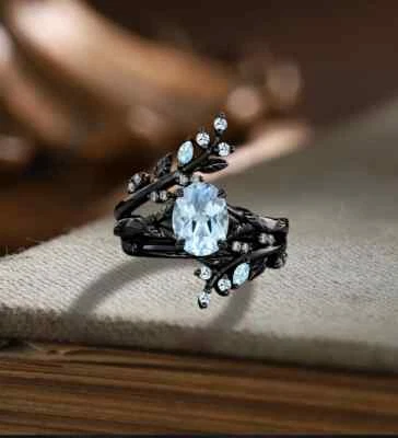 Único conjunto de anillos de compromiso nupcial aguamarina creada en laboratorio plata 925 negro rodio Foto 1 de 4