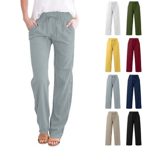Womens Daily Elastic Waist Pants Pockets Straight Solid Color Loose Long Trouser - Picture 1 of 48