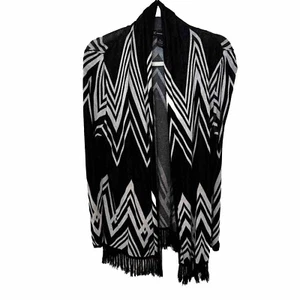 INC International Concepts Black White Chevron Print Fringed Open Cardigan XL - Picture 1 of 9