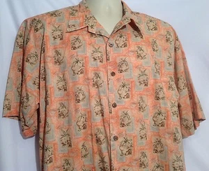 Island Connection Honolulu Mens XL Hawaiian Palm Print Salmon Khaki Button Shirt - Picture 1 of 8