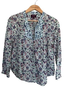 J Crew Liberty Fabrics Top Size 10 Womens White Blue Peasant Blouse Lightweight - Picture 1 of 6