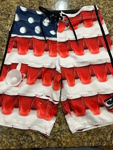 O’Neill Board Shorts Beer Pong American Flag Swim Trunks Size 30 - Picture 1 of 17
