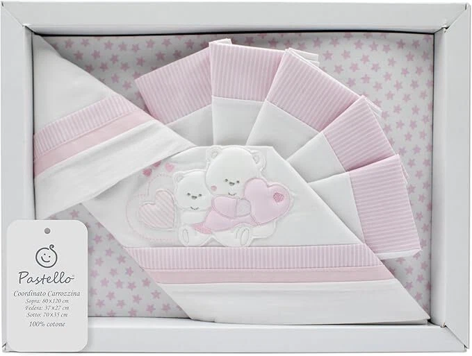 PASTELLO - COMPLETO LENZUOLA CARROZZINA NEONATO RICAMATO COTONE ORSETTO ROSA - Immagine 1 di 4