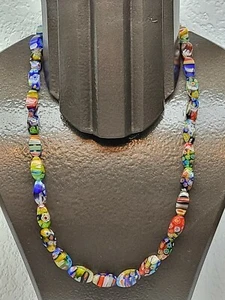 VINTAGE MORANO GLASS MILLEFIORI TWISTED BEAD NECKLACE STERLING CLASP 22" - Picture 1 of 11