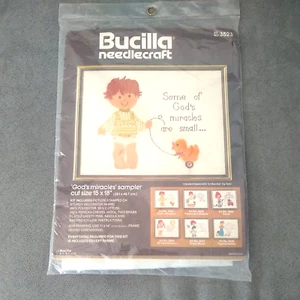 Vintage Bucilla Needlecraft Kit New #3523 Religious duck boy 15" x 18" golds USA - Picture 1 of 5