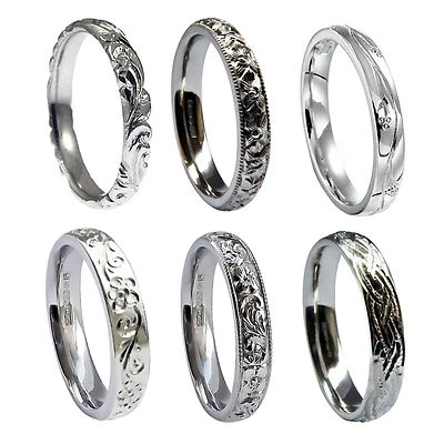Alianzas de boda grabadas a mano de 3 mm de platino 950 alianzas cómodas de corte medianas Reino Unido HM Foto 1 de 4