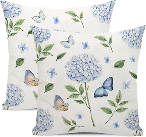 Spring Pillow Covers 18X18 Inch Set of 2, Blue Hydrangea Flower Throw Pillows Sp - Picture 1 of 12