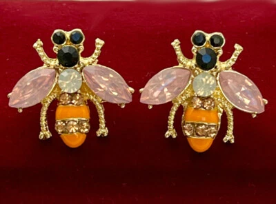 Luxus Biene Ohrringe Zirkonia Kristalle bunt 585er Gold 14K vergoldet Emaille - Bild 1 von 4