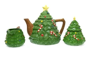 Vintage 1993 Enesco Candy Cane Christmas Tree Teapot Creamer & Sugar - Picture 1 of 7