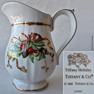 Tiffany & Co. Japan TIFFANY HOLIDAY 7" 32-Oz Pitcher. White Background. Ribbon - Picture 1 of 12