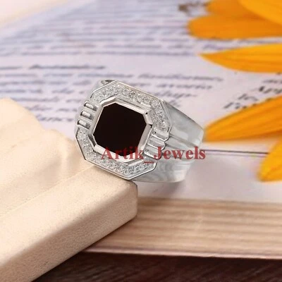 Natural Black Onyx Gemstone With 18k White Gold Plated Silver Men's Ring #1122 - Image 1 of 4