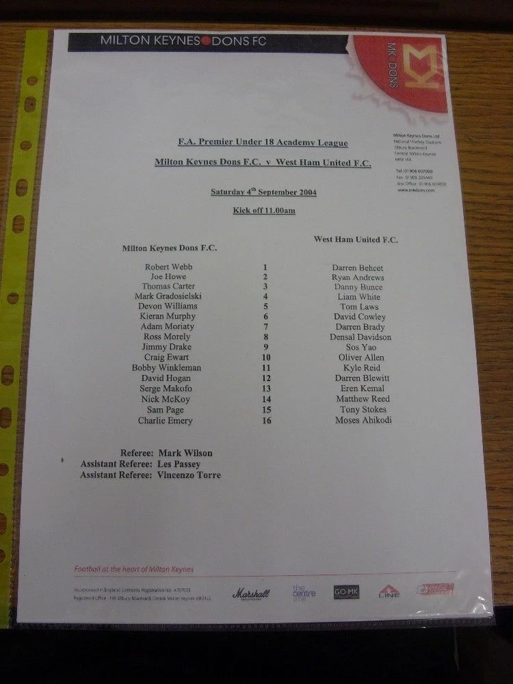 04/09/2004 Milton Keynes Dons U18 v West Ham United U18  (single sheet). Any fau - Image 1 of 1