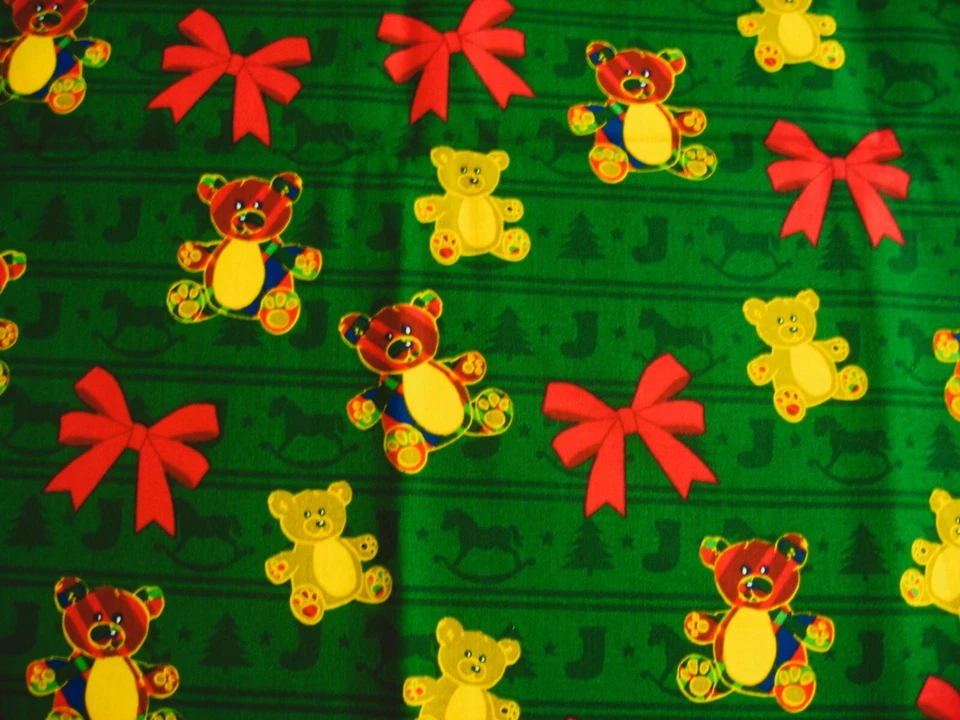 Vintage Retro Psychedelic Teddy Bears on Green Border Stripe w/ Red Bows - Image 1 of 1