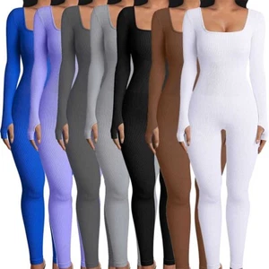 Womens One Piece Sexy Jumpsuit Ribbed Sport Yoga Unitard Bodycon Bodysuits - Picture 1 of 59