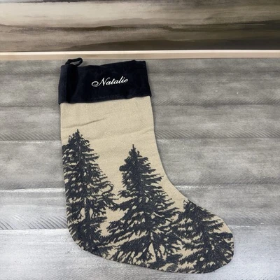 Pottery Barn Rustic Forest Embroidered Christmas Stocking Flax Black Mono Flaw - Image 1 of 4