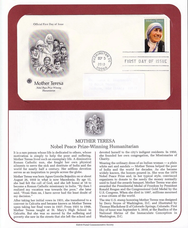 2010 Mother Teresa, humanitarian Sc 4475 FDC, with PCS cachet on full info page - Image 1 of 1
