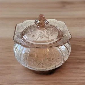 Jeannette Pink Adam Depression Glass Candy Dish Covered Lidded Lid Vanity Jar - Picture 1 of 14