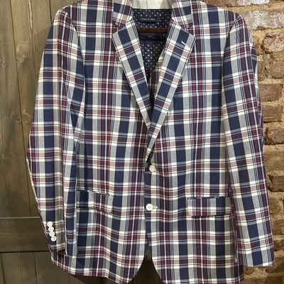 Blazer Alan River 44L Azul Rojo Blanco Abrigo Deportivo a Cuadros con Chaleco a Juego Preppy Foto 1 de 4