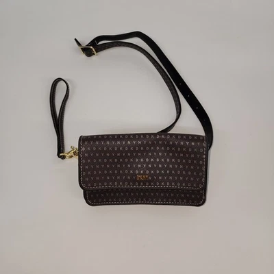 Dkny Monogram Belt Bag Womens Brown Faux Leather Adjustable Wristlet Strap Purse - Image 1 of 4