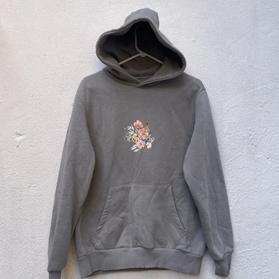 Floral Hoodie Womens Medium Dove Grey Orange Pink Botanical Pullover Peony Soft - Image 1 of 4