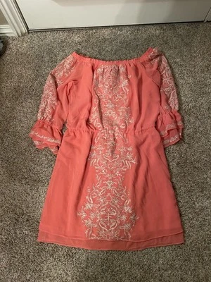 WHBM Dress Coral Off Shoulder Embroidered Mini Chiffon Blouson Ruffle Large C - Image 1 of 4