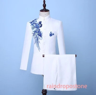 Para hombres Formal Calce Ajustado Lentejuelas Traje Floral Show Stand Cuello Pantalones Blanco 2 PIEZAS Nuevo Foto 1 de 4