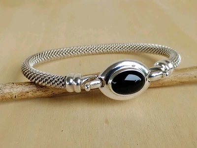 Joseph Esposito 925 Sterling Mesh Bangle Bracelet Black Onyx Hinged Clasp 7" Fit - Image 1 of 4