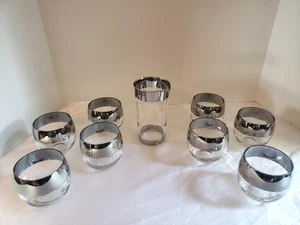 Set of 8  vintage Federal Glass Silver Band Roly Poly Glasses and Pitcher MCM - Picture 1 of 12