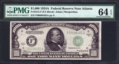 $1000 1934A Federal FRN Atlanta FR 2212-F PMG 64 EPQ - Near GEM and Beautiful - Image 1 of 2