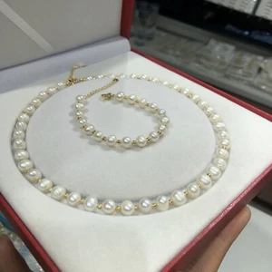 9-10mm Natural Cultured Pearl SOUTH SEA NECKLACE BRACELET 18" 7.8" 14k - Foto 1 di 3