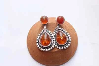 925 Sterling Silver Amber & Red onyx Gemstone Handmade Earrings Antique Earrings - Image 1 of 4