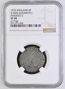 England - 1572 Elizabeth I - 6 Pence - NGC VF 30 - TOP POP FINEST GRADED @ NGC - Picture 1 of 4