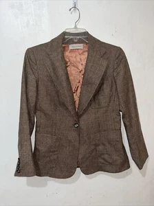 Vtg Evan Picone Blazer Jacket Womens Medium Brown Tan Plaid One Button Lined - Picture 1 of 11