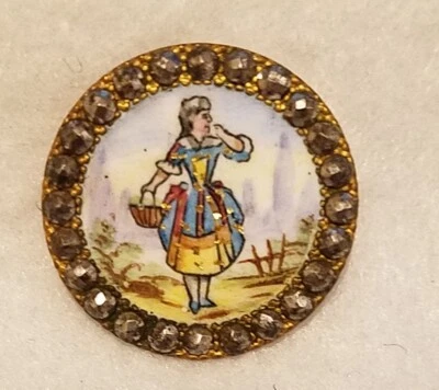 ANTIQUE PAINTED ENAMEL W/WHO'LL BUY MY LAVENDER AND A CUT STEEL BORDER 1-1/16" - Image 1 of 3