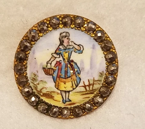 ANTIQUE PAINTED ENAMEL W/WHO'LL BUT MY LAVENDER AND A CUT STEEL BORDER 1-1/16" Cover