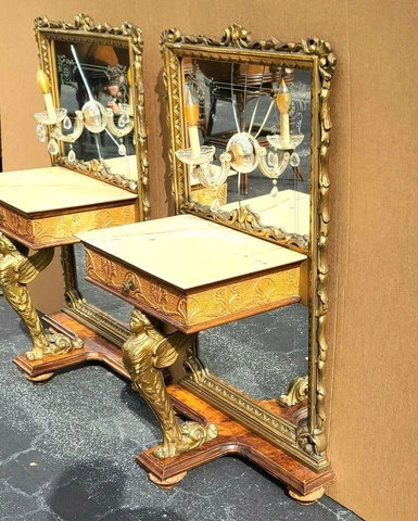 2) Antique c 1900 Italian Neoclassical Burl Mahogany Mirrored Marble Nightstands Cover