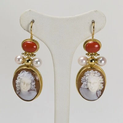 ORECCHINI IN ARGENTO 925 DORATO CON CAMMEI VOLTO PERLE E CORALLO ROSSO AGHT 0660 - Immagine 1 di 4