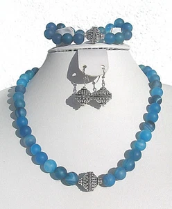 Blauer Achat   Collier Armband 2 Paar Ohrhaken   Unikat   Einmalige Gelegenheit - Bild 1 von 9