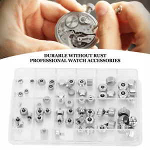 60Pcs 12-Pattern Stainless Steel Watch Crown Flat Head Assortment Replacement - Picture 1 of 10